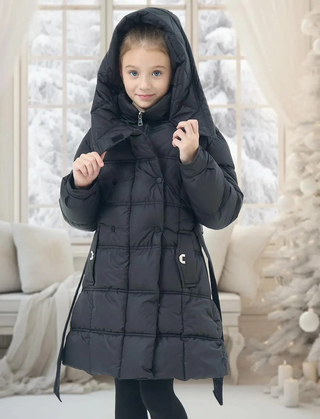 Зимняя куртка FEOYA для девочек, детская длинная толстая подростковая куртка-пуховик с элегантной подкладкой, теплая стеганая куртка с капюшоном Teddy, водонепроницаемая, для возраста 5-12 лет, фото №3