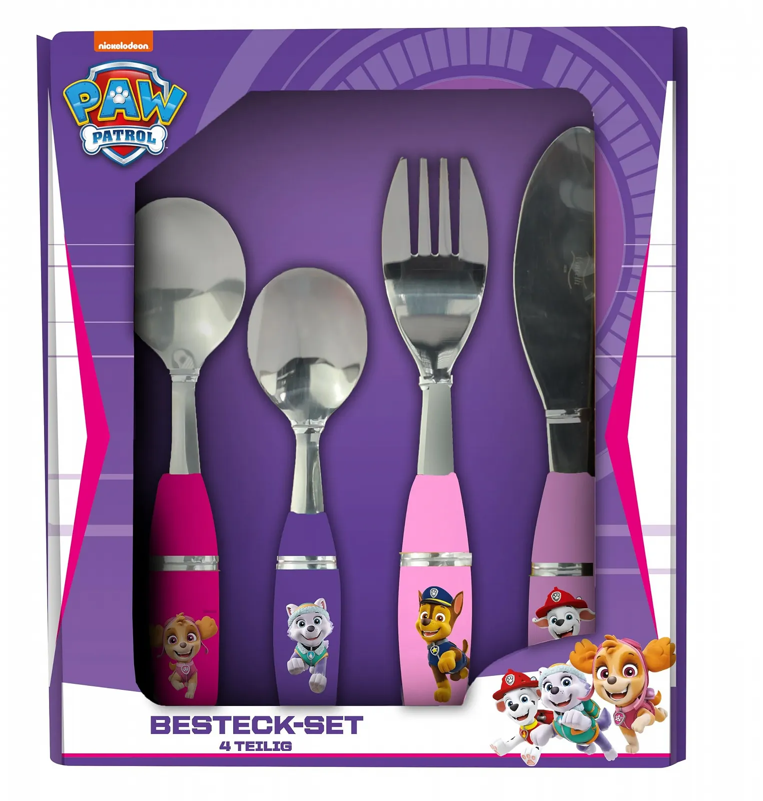 Набор столовых приборов Paw Patrol, 4 предмета: нож, вилка, большая и маленькая ложки, нержавеющая сталь, пластиковые ручки разных цветов, фото №2 Набор столовых приборов Paw Patrol, 4 предмета: нож, вилка, большая и маленькая ложки, нержавеющая сталь, пластиковые ручки разных цветов, фото №2