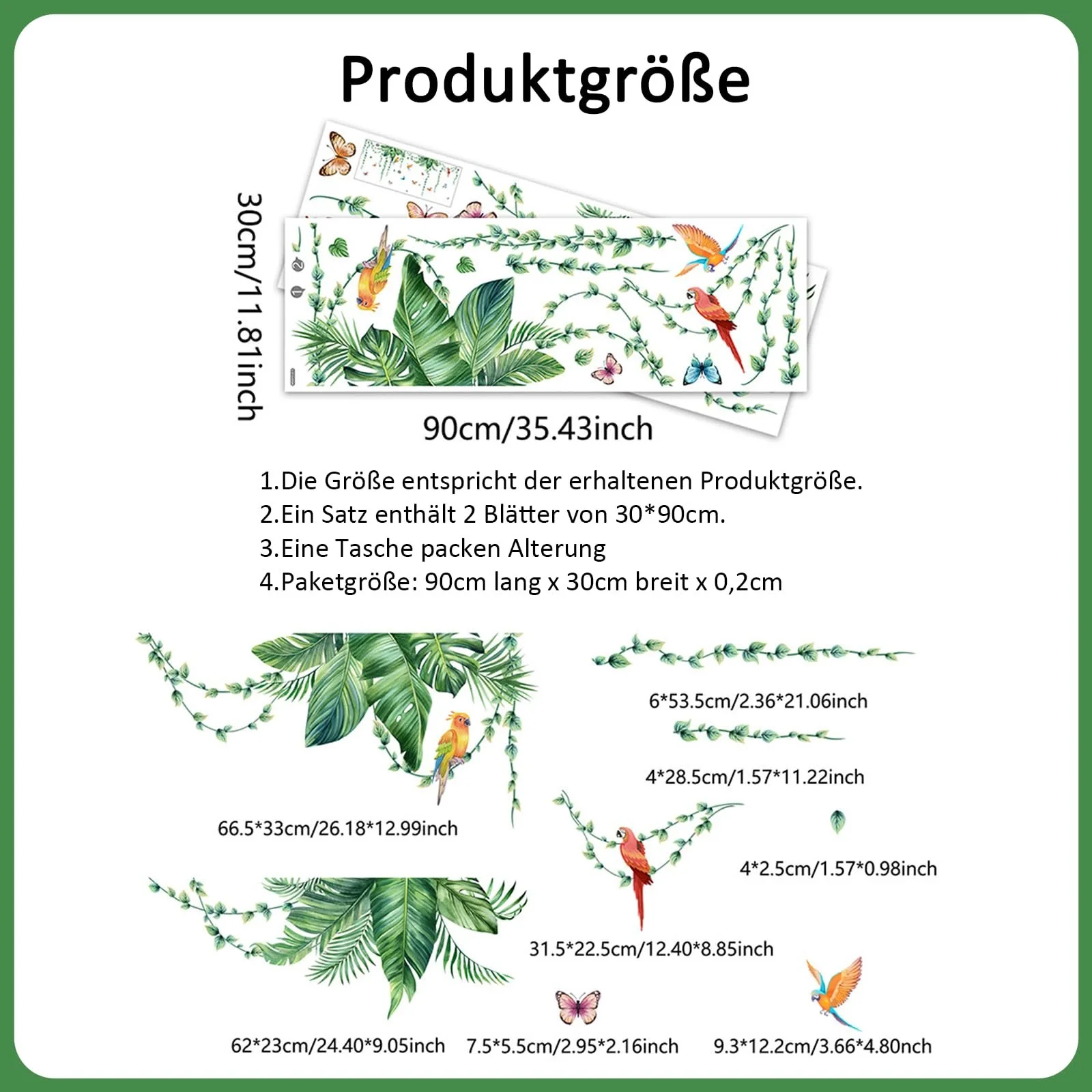 Наклейка на стіну Tropical Leaves Plant Hanging Vines Green Palm Leaves Birds Зелений, фото №2