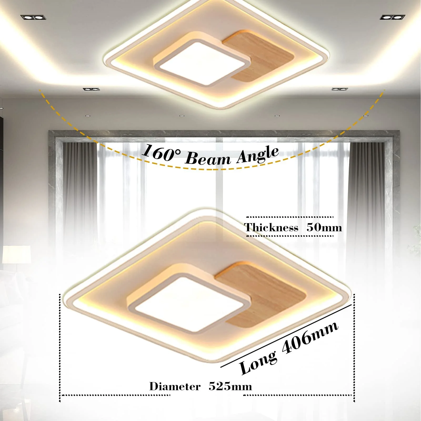 Світильник FitzMia LED Стельовий Квадратний С деревом Диммируемий Пульт Дистанційного Управління 41.5 x 41.5 см 40 Вт, фото №3