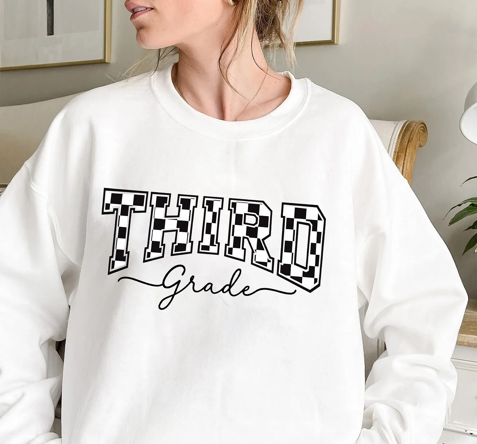 Світшот Third Grade Back to School Checkered Letter Graphic Casual Unisex, фото №2