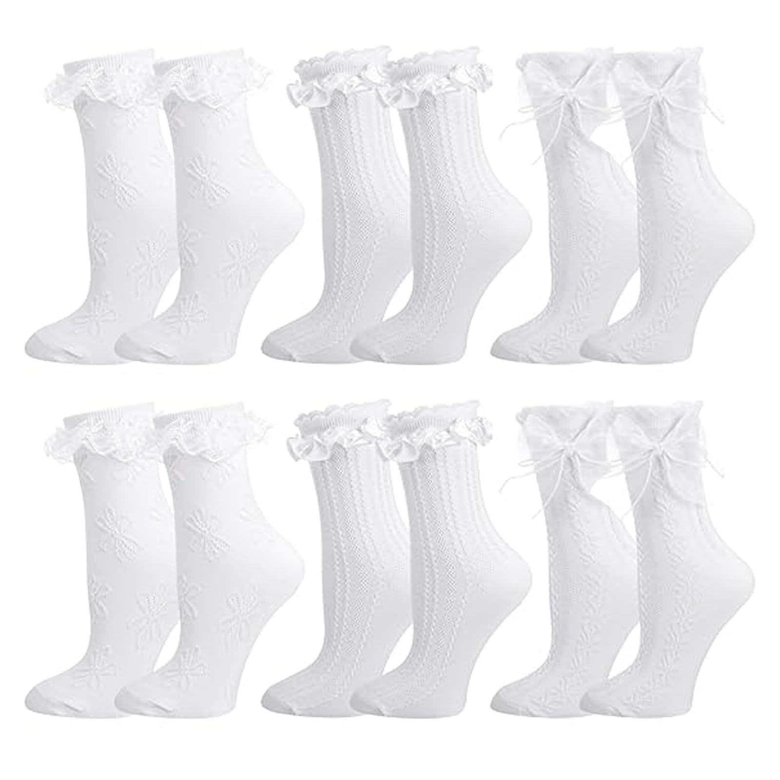 Носки с рюшами Женские 6 пар - Милые носки до щиколотки с кружевом и бантом из хлопка - Черно-белые дышащие балетные носки принцессы для девушек и женщин, фото №1