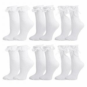 Носки с рюшами Женские 6 пар - Милые носки до щиколотки с кружевом и бантом из хлопка - Черно-белые дышащие балетные носки принцессы для девушек и женщин - Фото 1