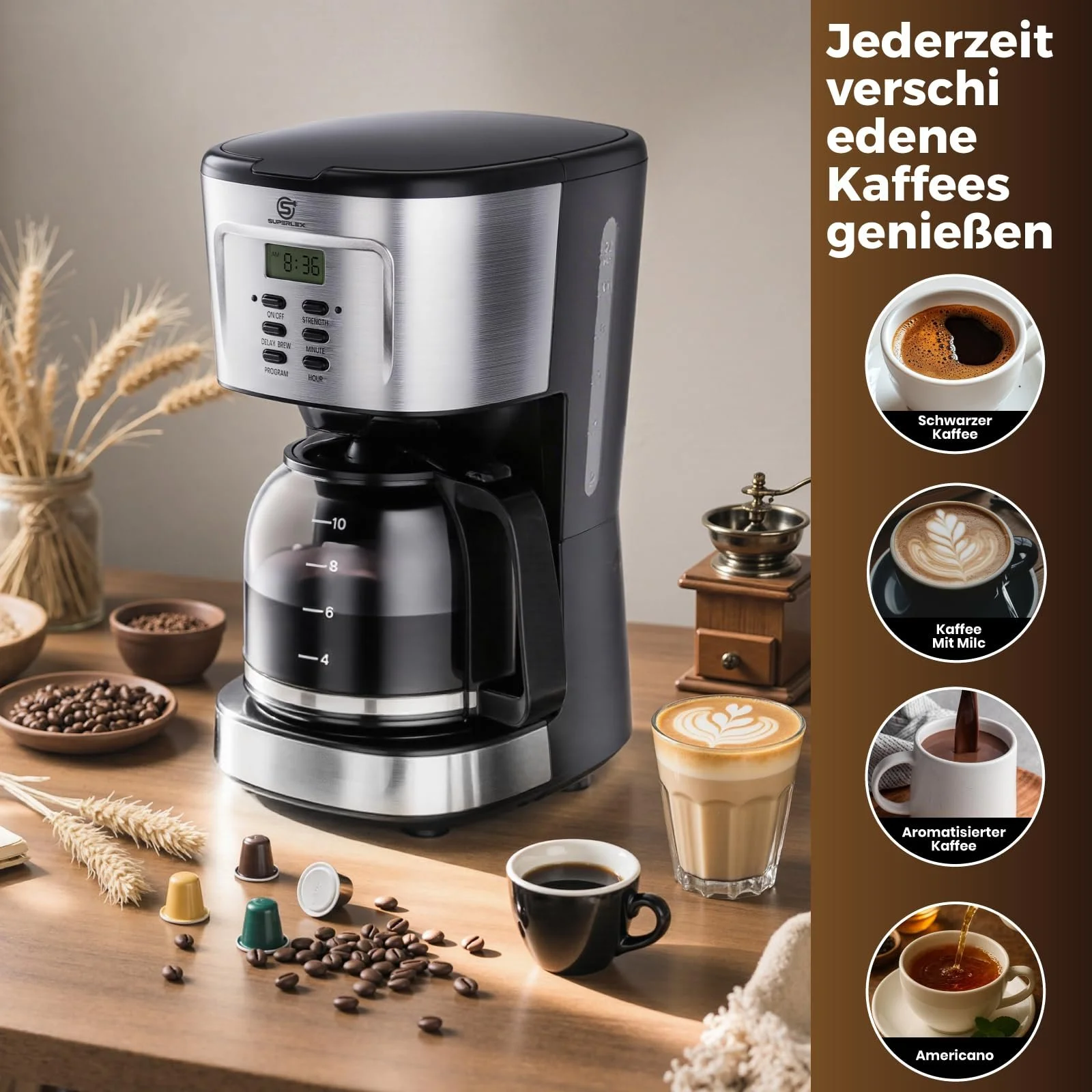 Кофеварка капельная 1.5 л 900 W стеклянный кувшин таймер автоматическое отключение, фото №6