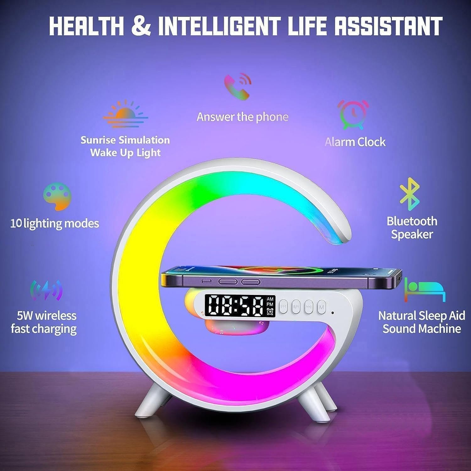 Настільна лампа HoldOneLight Бездротова зарядка Bluetooth-колонка Годинник Будильник 7 режимів Біла, фото №2