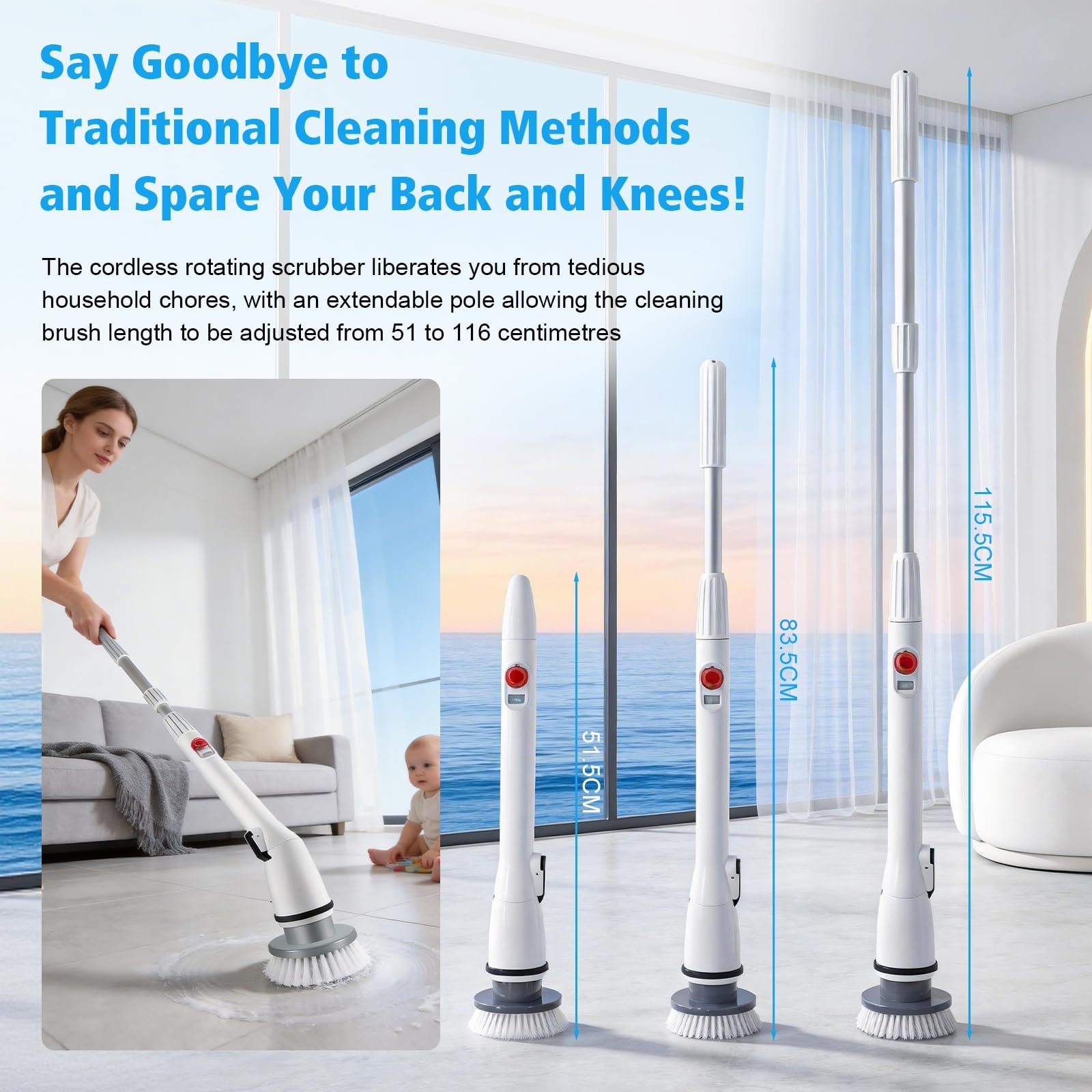 Электрическая щетка для чистки Electric Spin Scrubber 7 в 1 аккумуляторная с регулируемой ручкой IPX7 2 скорости, фото №5 Электрическая щетка для чистки Electric Spin Scrubber 7 в 1 аккумуляторная с регулируемой ручкой IPX7 2 скорости, фото №5