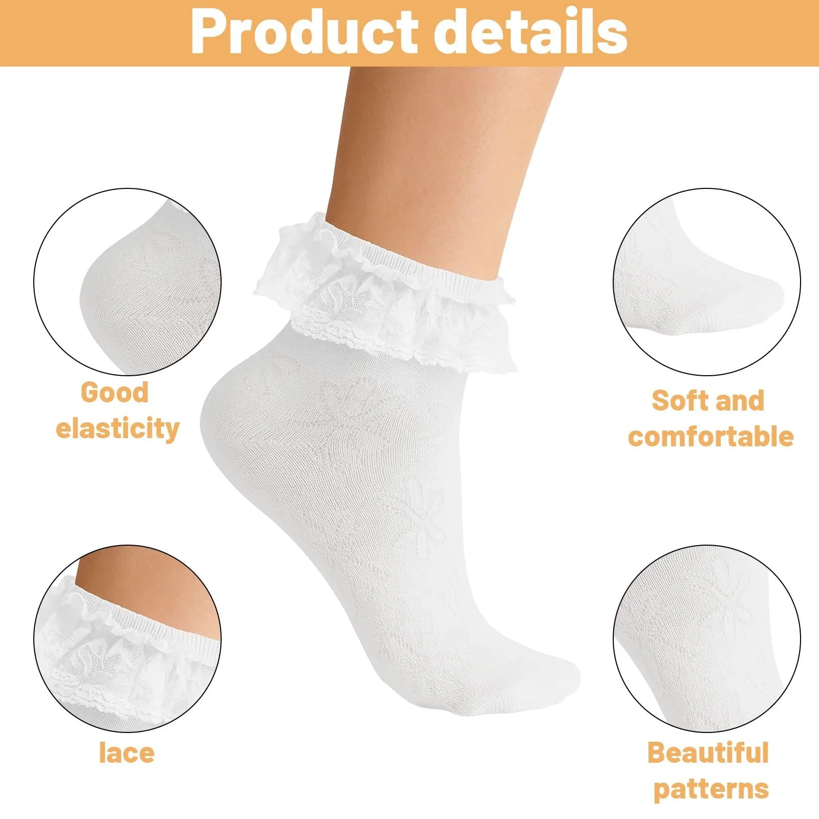 Носки с оборками Женские Белые носки с оборками Кружево с бантом Элегантные носки для молодых женщин Дышащие хлопковые носки-следки Балетные носки Элегантные милые носки принцессы, фото №3