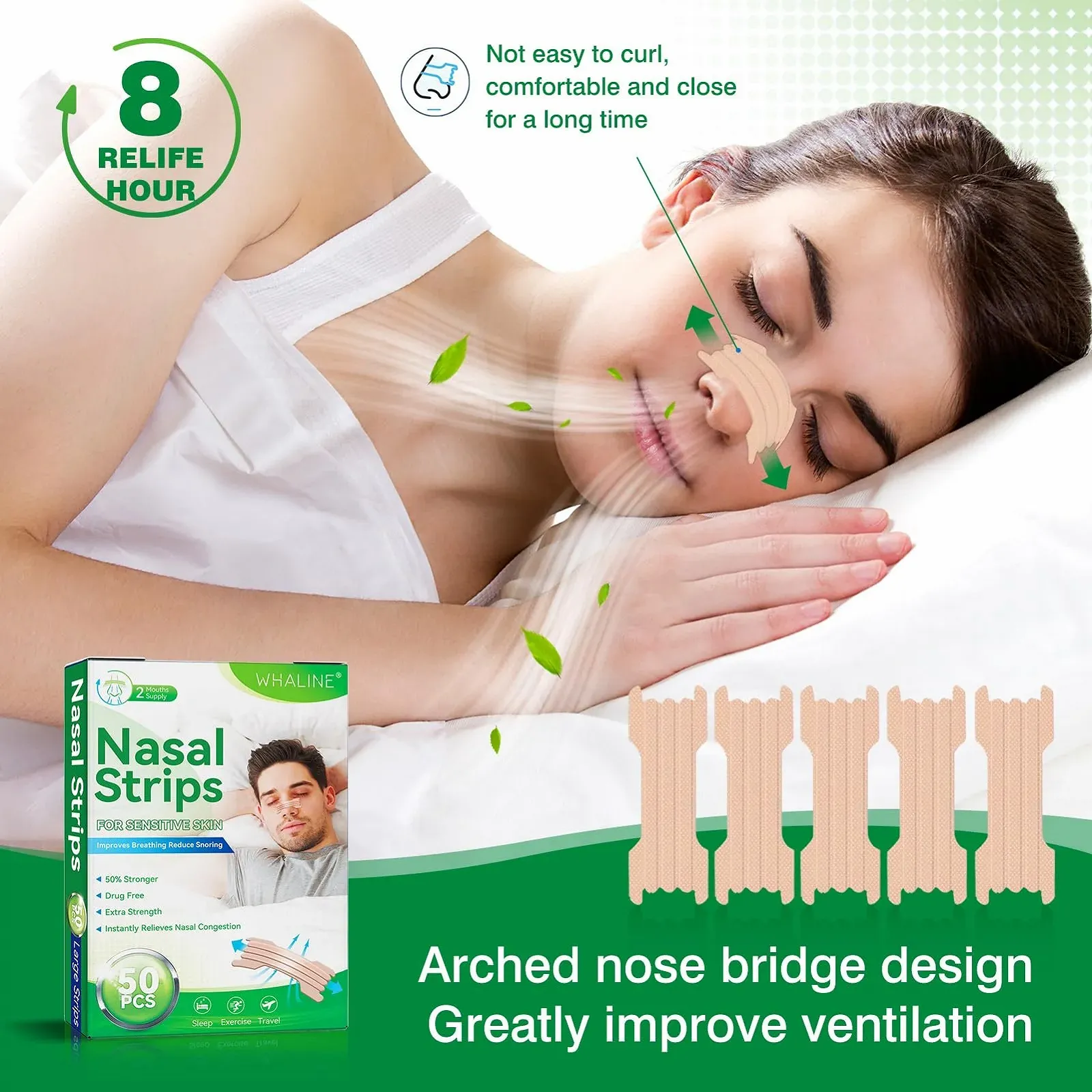 Пластыри для носа Whaline, 50 шт. Большие пластыри для носа от храпа для сна, для лучшего дыхания., фото №2