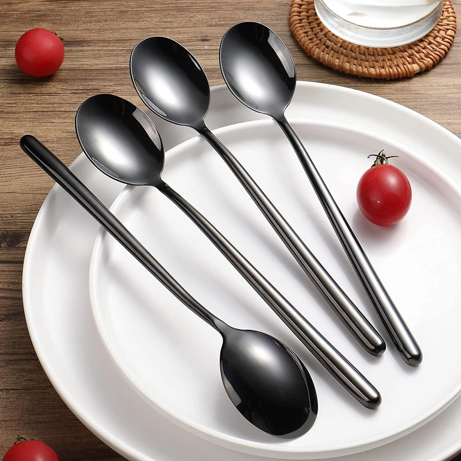 Ложка для супу з довгою ручкою Korean, сталева, набір 4 шт, 21.6 x 3.8 см, чорний, фото №3