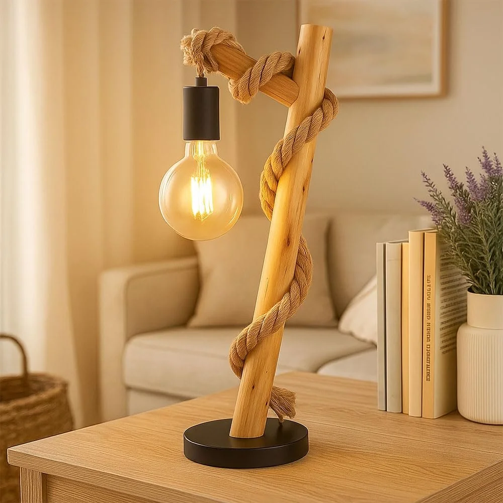 Настольная лампа Globo Lighting деревянная пеньковая веревка E27 19x16.5x53.5 см, фото №3