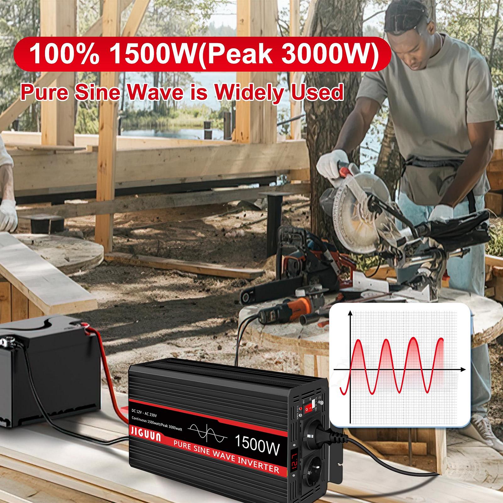 Інвертор JIGUUN Модель 1500 W чистої синусоїди 12 V 230 V 2 євророзетки 2.1 A USB бездротовий Пульт ДУ LED-дисплей 3000 W, фото №3