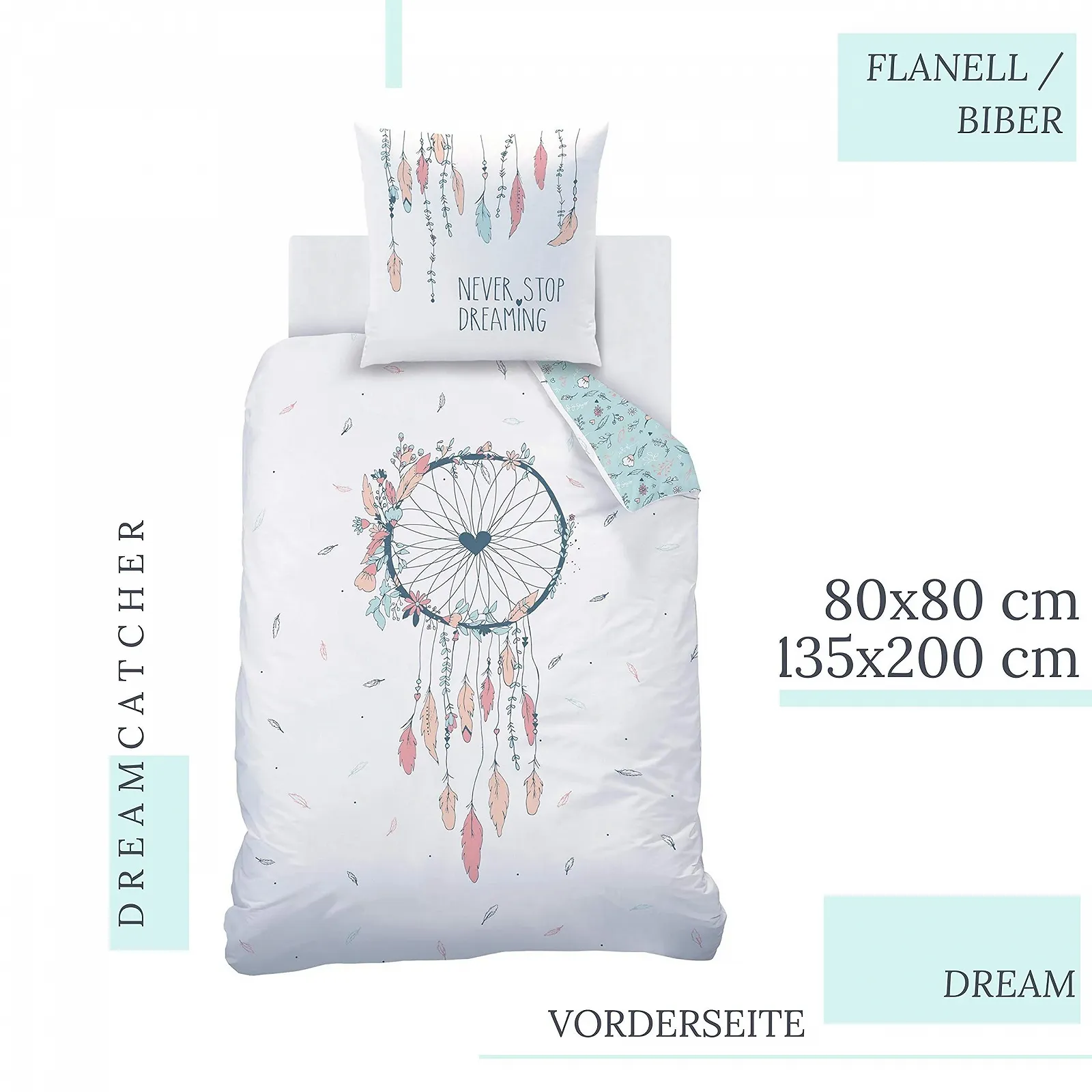 Набор постельного белья Matt&Rose Dream Catcher Фланель Цветы и перья 135 x 200 см + 80 x 80 см 100% Хлопок, фото №2