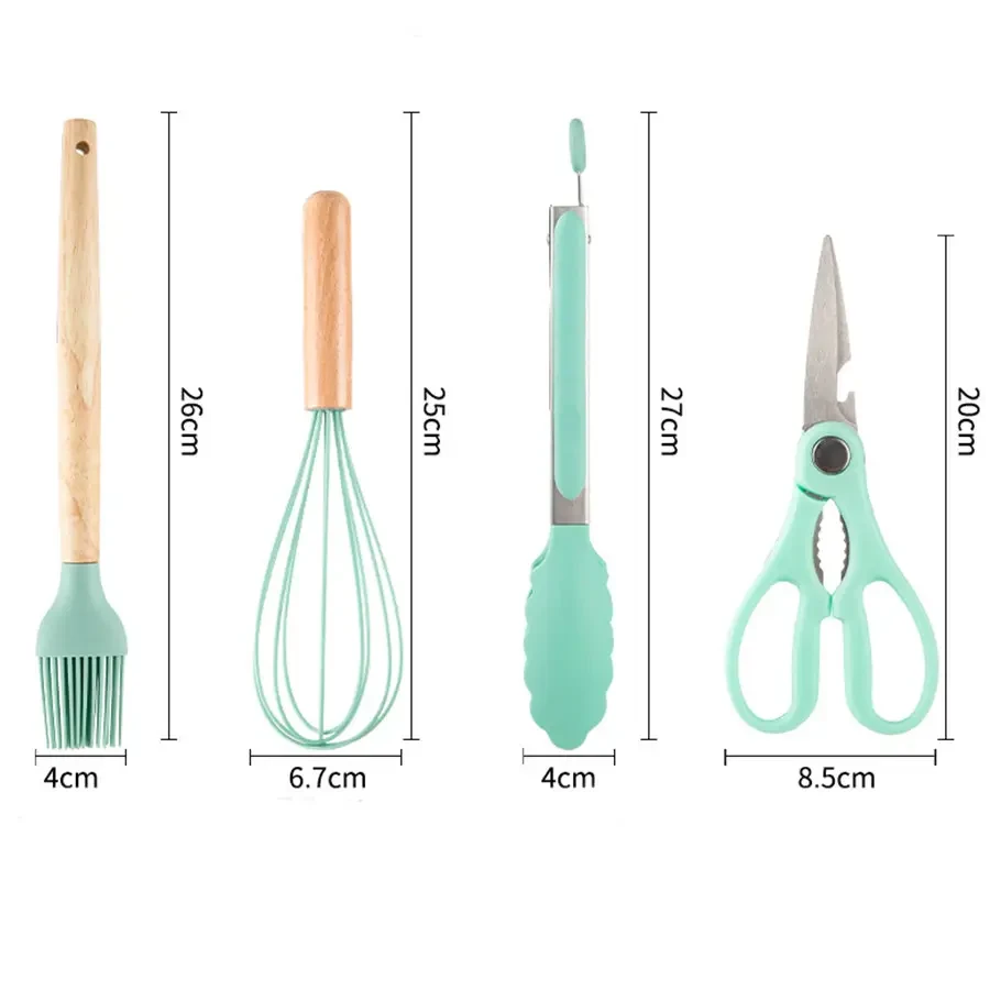 Кухонные принадлежности на подставке 19 штук аксессуары из силикона с бамбуковой ручкой Бирюзовый, фото №7 Кухонные принадлежности на подставке 19 штук аксессуары из силикона с бамбуковой ручкой Бирюзовый, фото №7