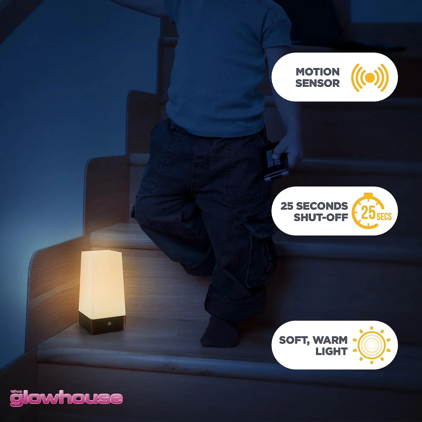 Настільна лампа The Glowhouse LED бездротова з датчиком руху PIR на батарейках квадратна, фото №3
