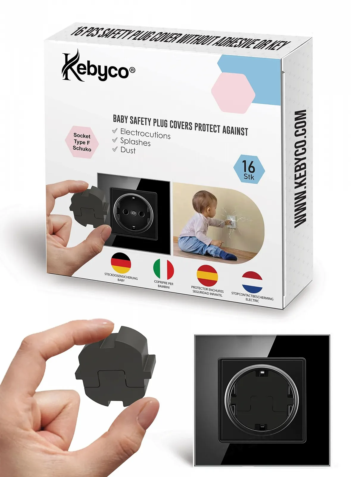Защита для розеток KEBYCO SchuKo Type F без клея и ключа Черный, фото №1