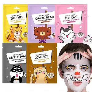 Тканевая Маска для Лица Набор Масок для Лица для Девочек-Подростков С Животными Тигр и Кот Увлажнение Успокоение Осветление Набор из 5 штук - Фото 1
