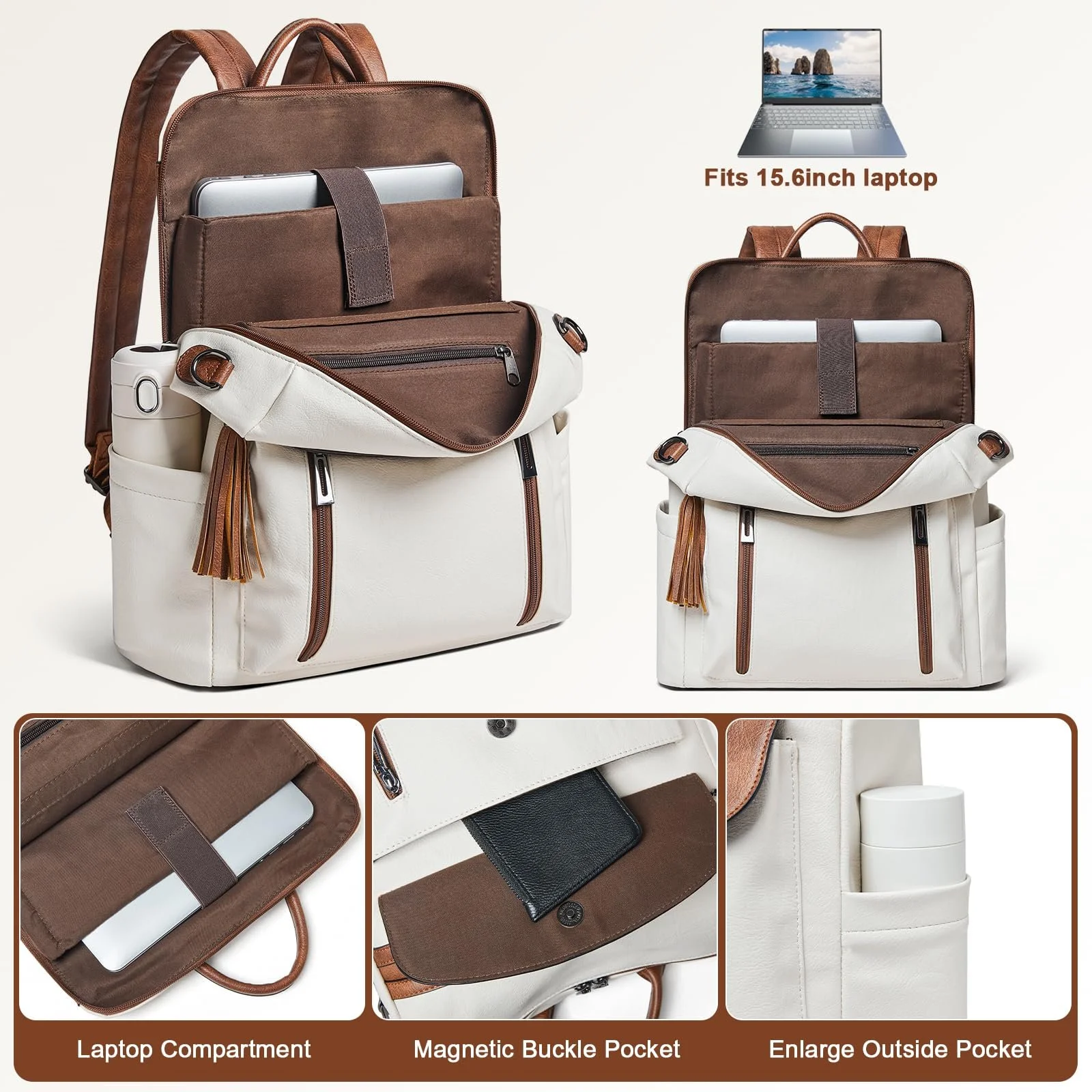 Рюкзак для ноутбука Shrrie 15.6 Inch Leather Carry On Water Resistant Beige with brown, фото №6 Рюкзак для ноутбука Shrrie 15.6 Inch Leather Carry On Water Resistant Beige with brown, фото №6