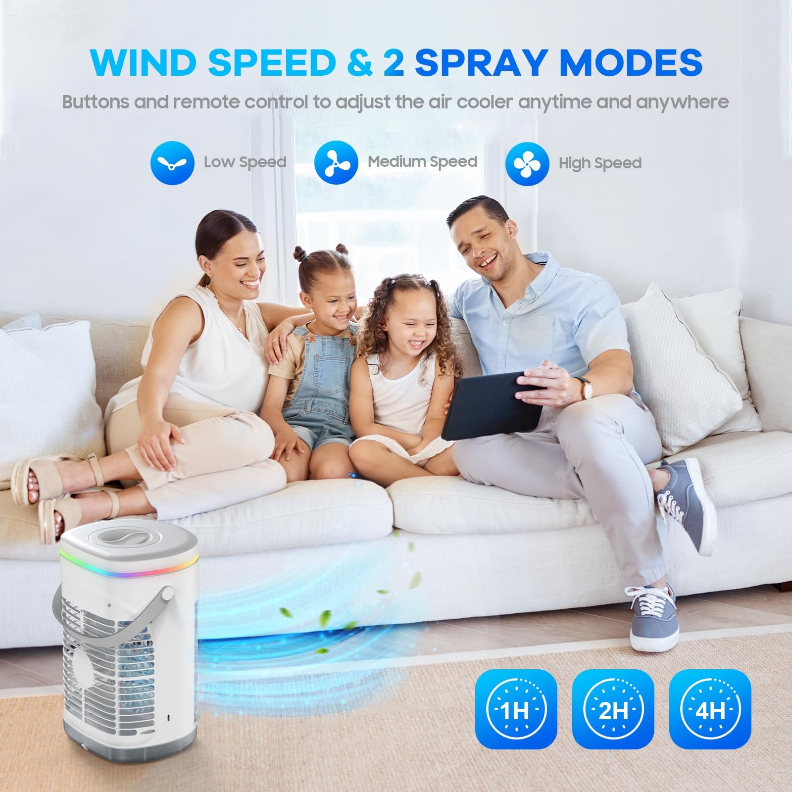 Мобільний міні-кондиціонер та зволожувач повітря 1400 мл 3 швидкості з дистанційним керуванням портативний, фото №4