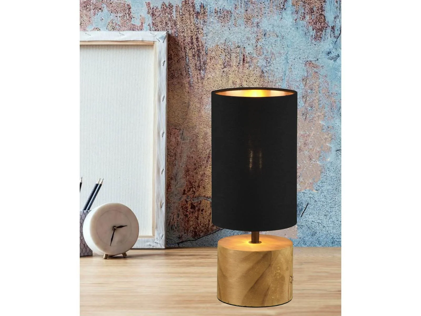 Настільна лампа LED 12 x 30 см дерев'яна основа тканинний абажур Black/Gold, фото №6