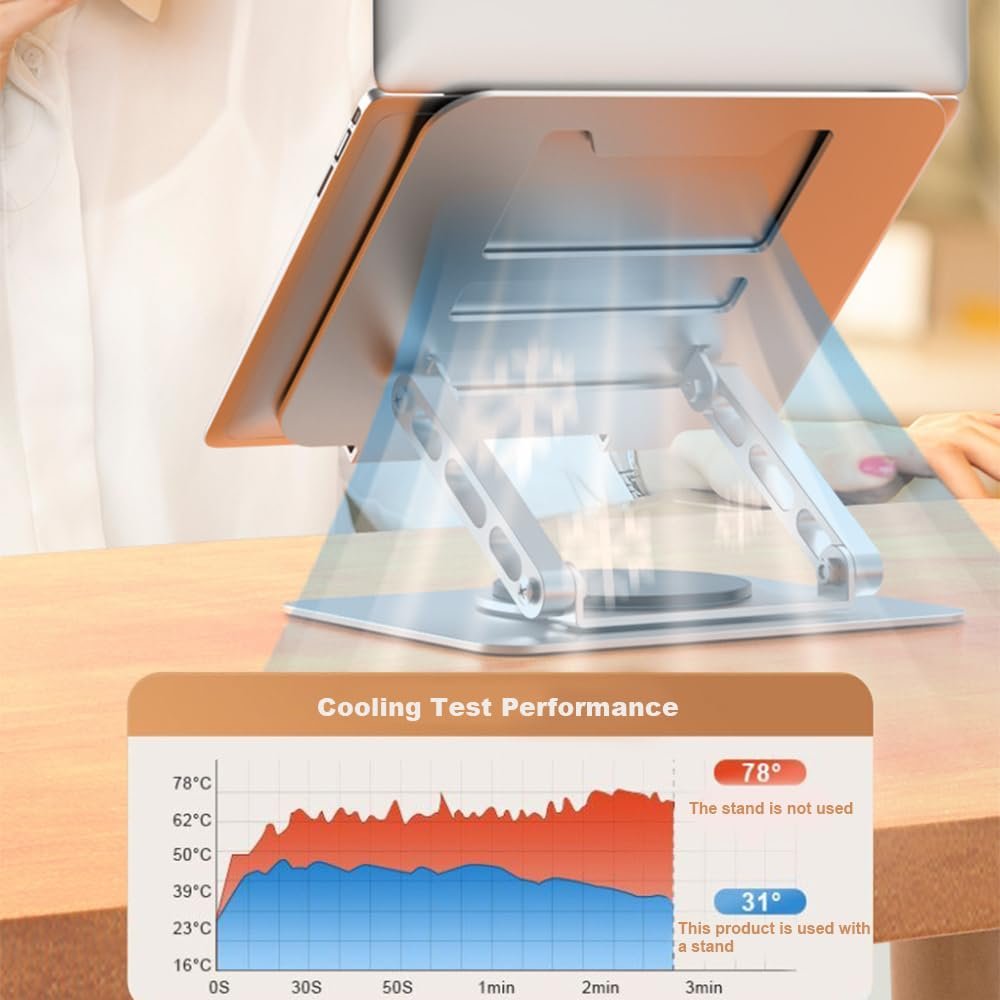 Підставка для ноутбука, регульована по висоті та складна з основою, що обертається на 360°, сумісна з ноутбуками 10-17,3 дюймів, срібляста, ергономічна та стабільна підставка для ноутбука, фото №4