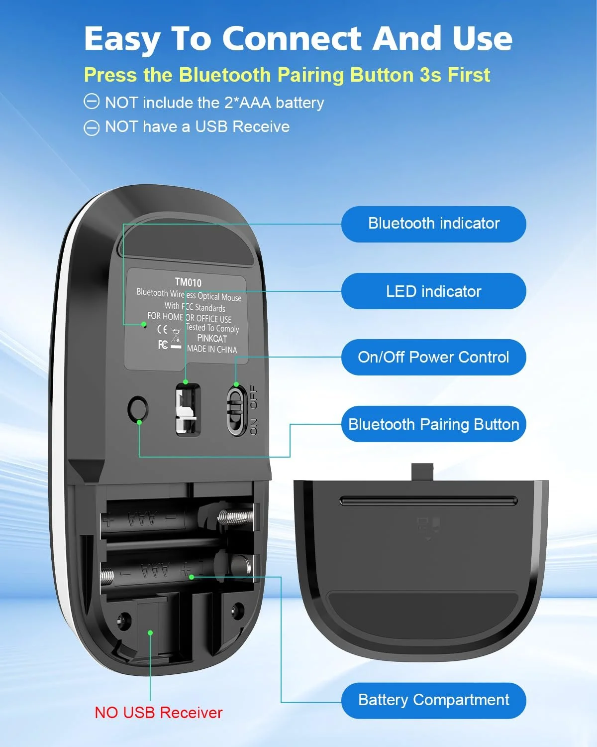 Мышь PINKCAT Bluetooth Беспроводная Bluetooth 4.0, 800/1200/1600 DPI, Эргономичная Тихая, Черный, фото №4