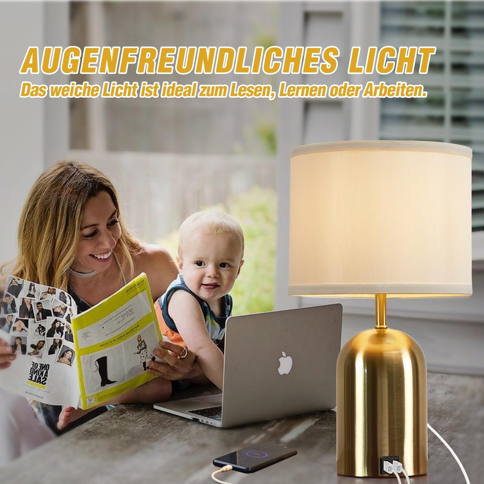 Настільна лампа GyroVu Modern Bedside Lamp з USB-портом, сенсорним керуванням та 3 рівнями яскравості, тканинний абажур золотиста основа, фото №4