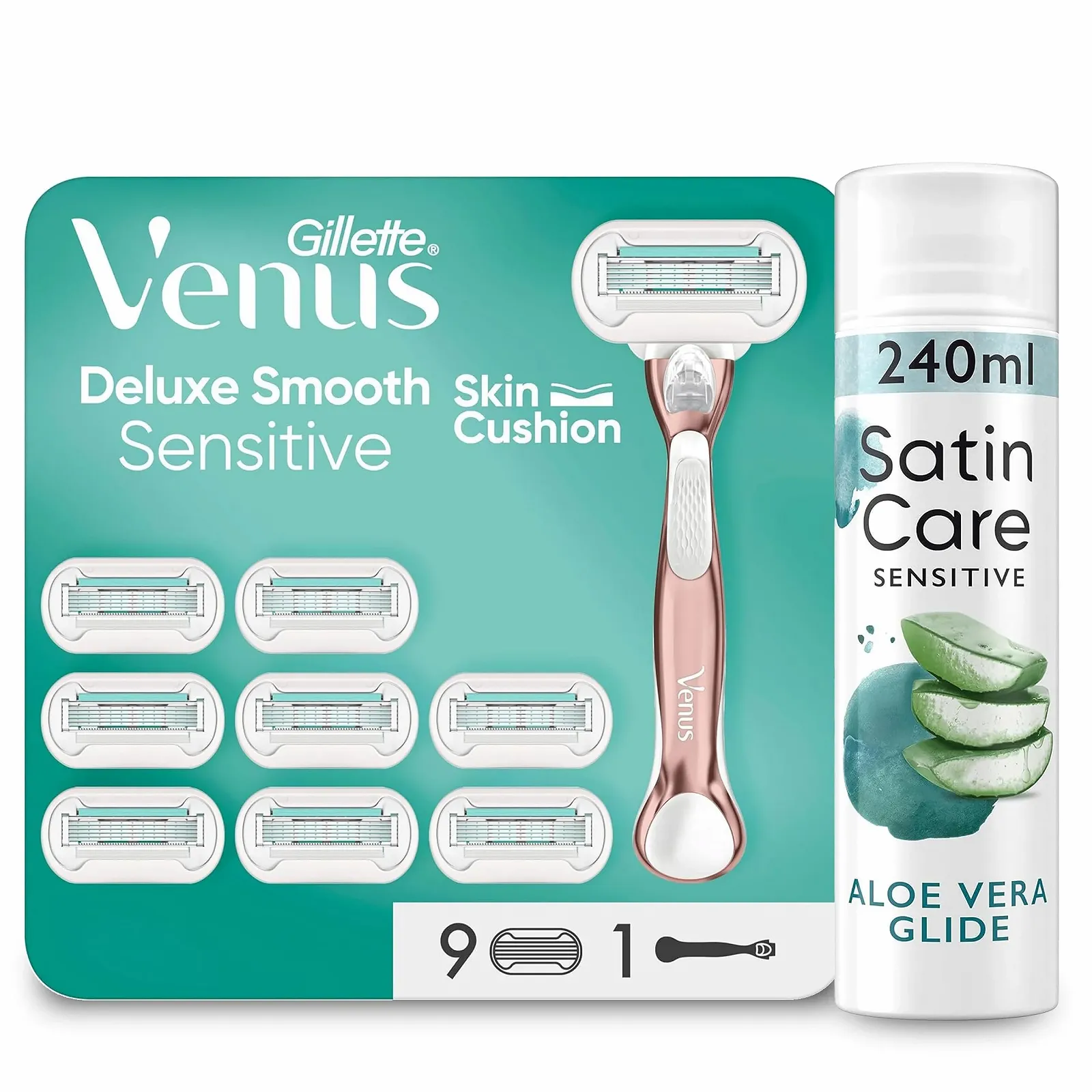 Набор для бритья Gillette Venus Deluxe Smooth Sensitive Бритва 9 сменных кассет Гель Satin Care 240 мл, фото №1 Набор для бритья Gillette Venus Deluxe Smooth Sensitive Бритва 9 сменных кассет Гель Satin Care 240 мл, фото №1