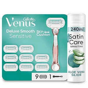 Набор для бритья Gillette Venus Deluxe Smooth Sensitive Бритва 9 сменных кассет Гель Satin Care 240 мл - Фото 1