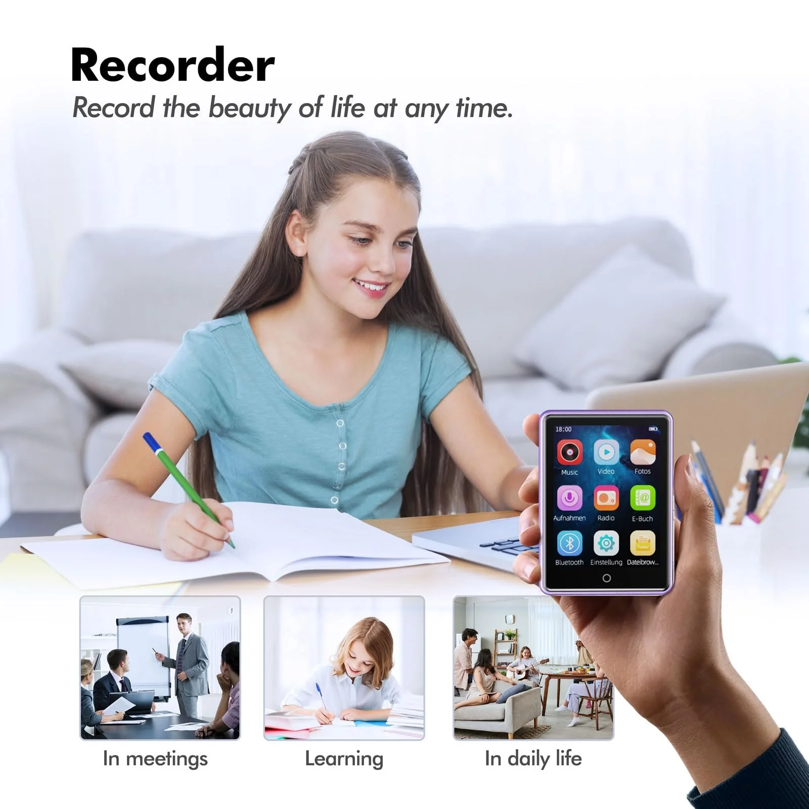 MP3-плеєр 64 GB Bluetooth 5.3, 2.8-дюймовий сенсорний екран, динамік, радіо, функція запису, фото №6