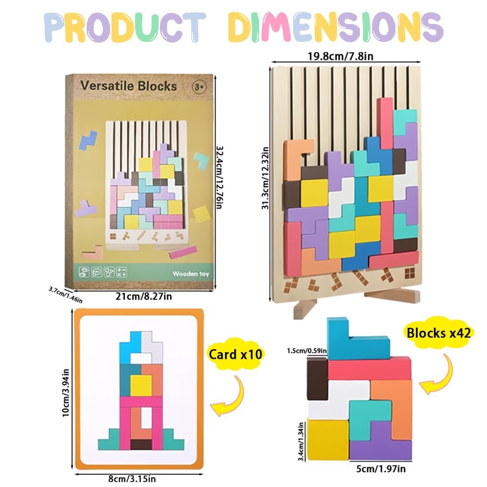 Гра Тетріс 3D Montessori Кольорова дерев'яна 42 блоки 10 карток, фото №2