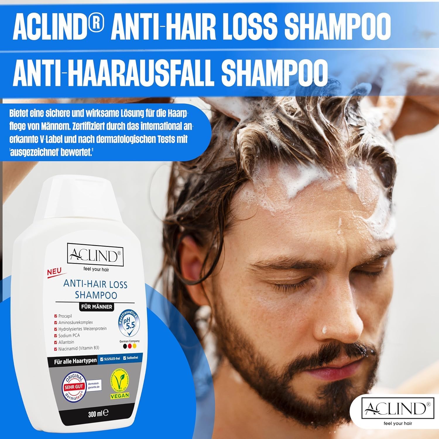 Шампунь ACLIND Проти випадіння волосся Органічні інгредієнти 300 мл, фото №6 Шампунь ACLIND Проти випадіння волосся Органічні інгредієнти 300 мл, фото №6