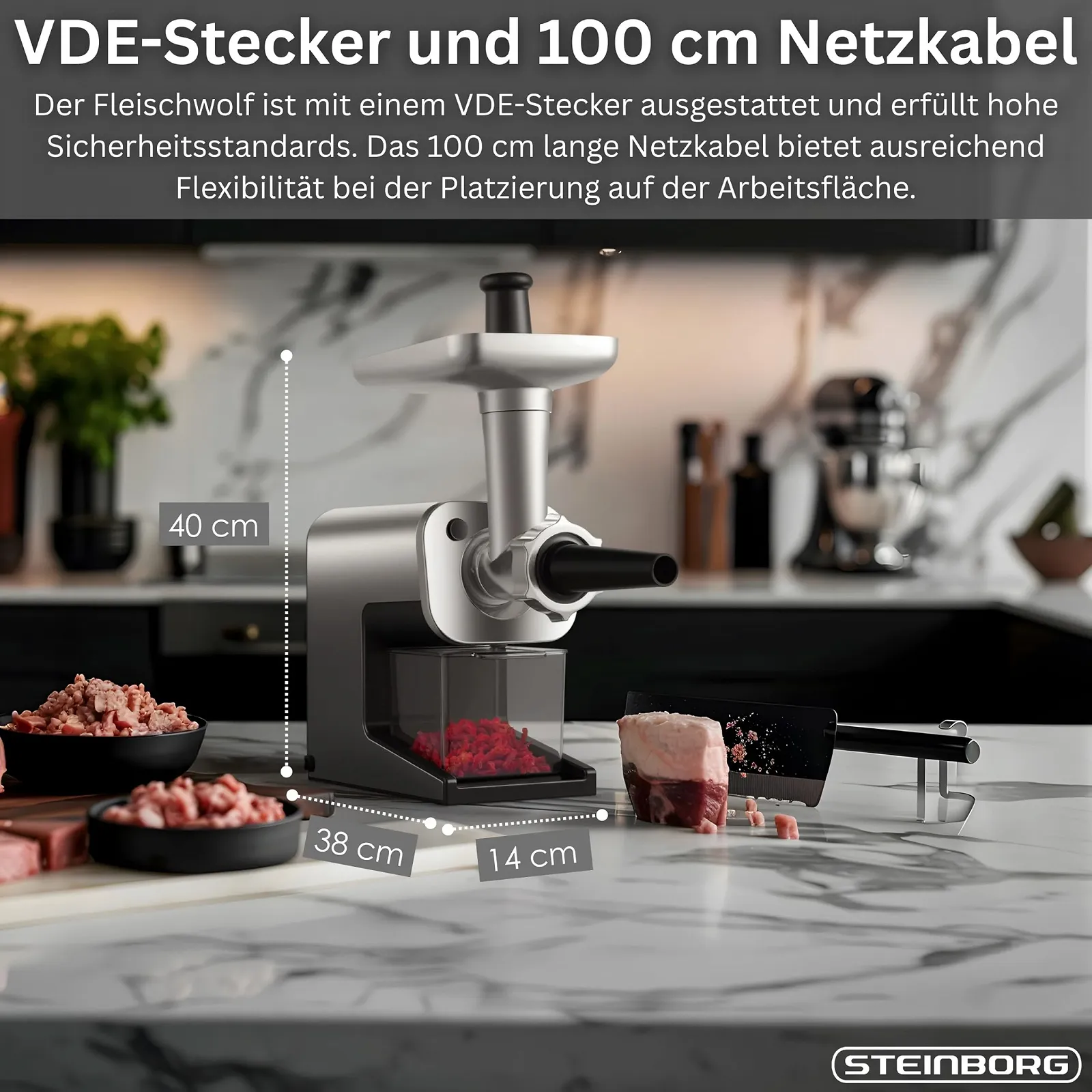 Мясорубка электрическая Steinborg 2000 Вт AC мотор реверс 2 скорости нержавеющая сталь, фото №6 Мясорубка электрическая Steinborg 2000 Вт AC мотор реверс 2 скорости нержавеющая сталь, фото №6