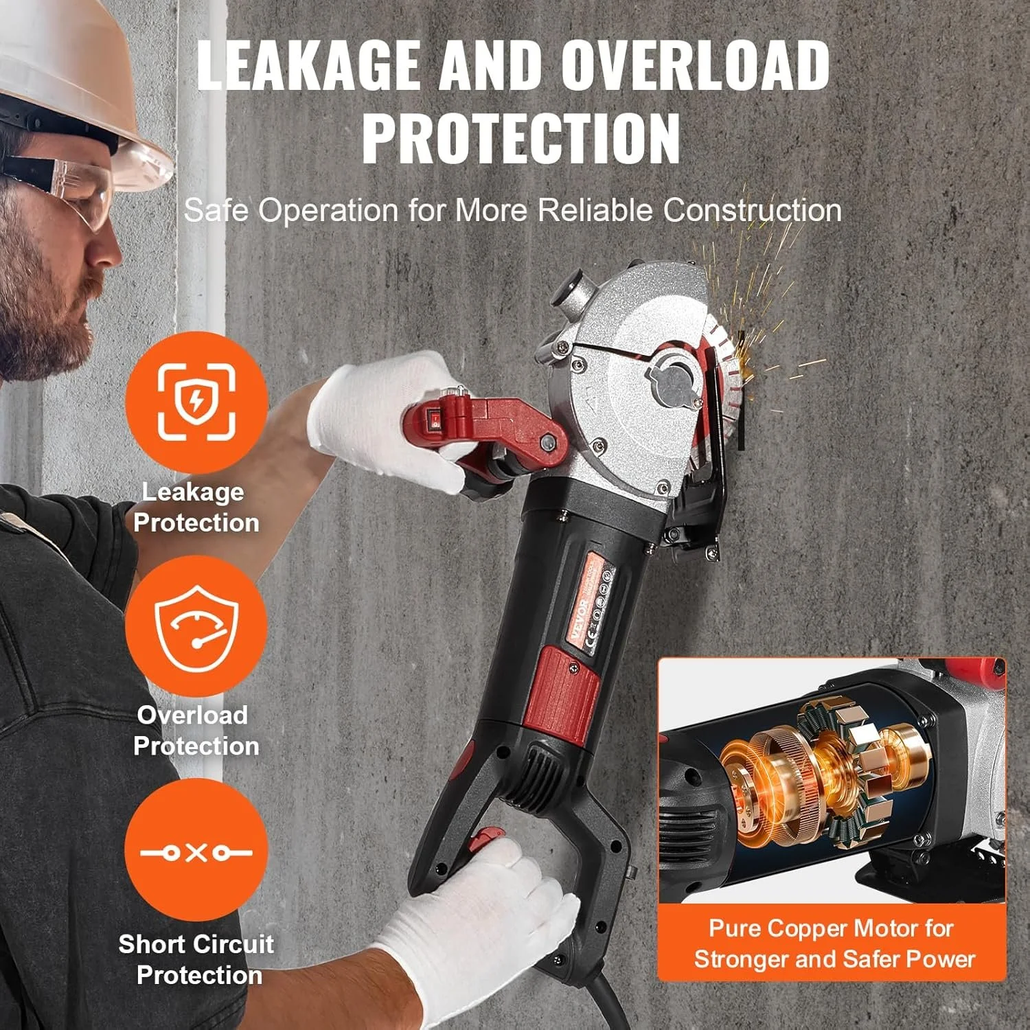 Електричний штроборіз VEVOR K1331 / 4800 Вт / 125 мм диск / 6500 об/хв / Червоний-чорний, фото №8