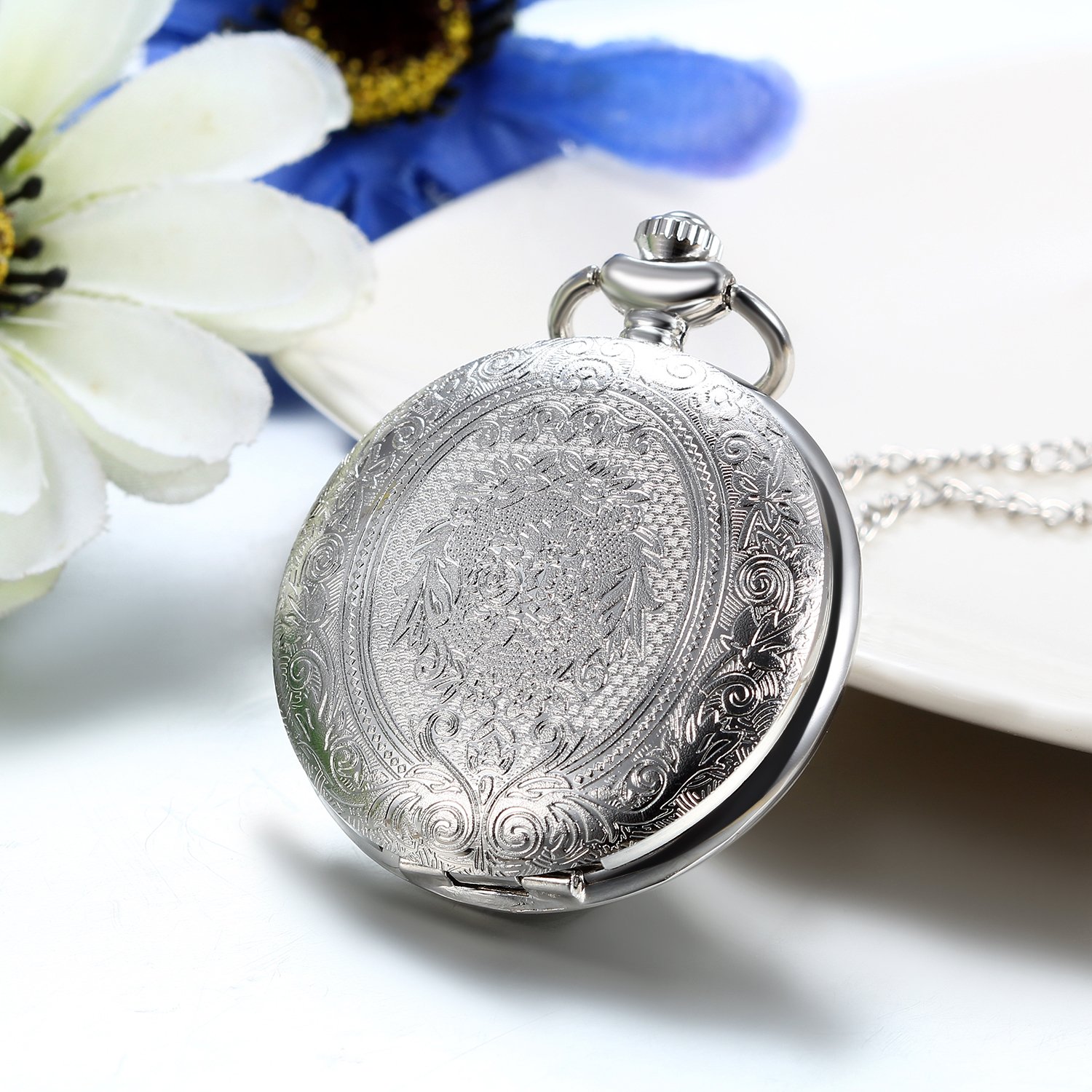 Taschenuhr JewelryWe Классическая Аналог Quarz с ожерельем с цепью серебряный для женщин и мужчин с зелёным флуоресцентным циферблатом, фото №2