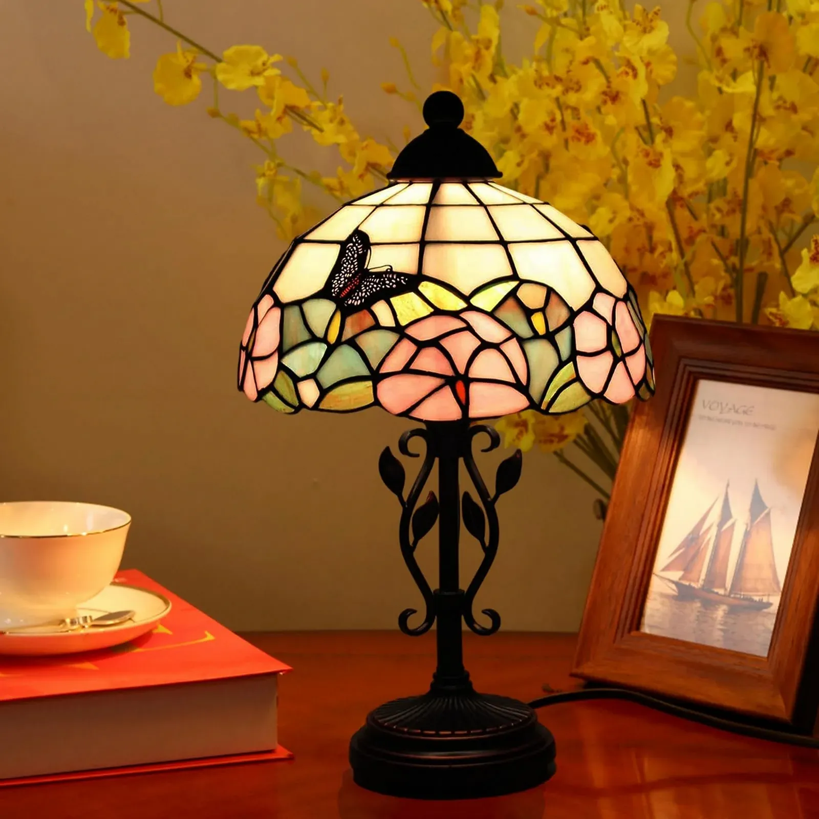 Настільна лампа Kinbolas Tiffany Style Butterfly Кольорове скло Основа зі смоли E27 25 см, фото №6