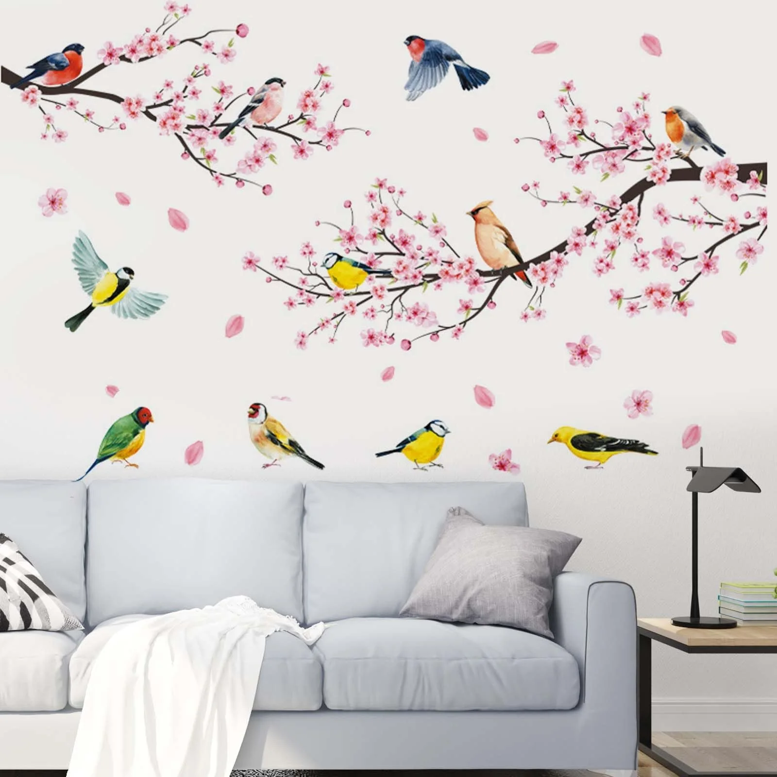 Набір настінних наклейок Cherry Blossom Flowers Blossoms Birds on Tree Branch 2 шт. 30 x 90 см Рожева, фото №1