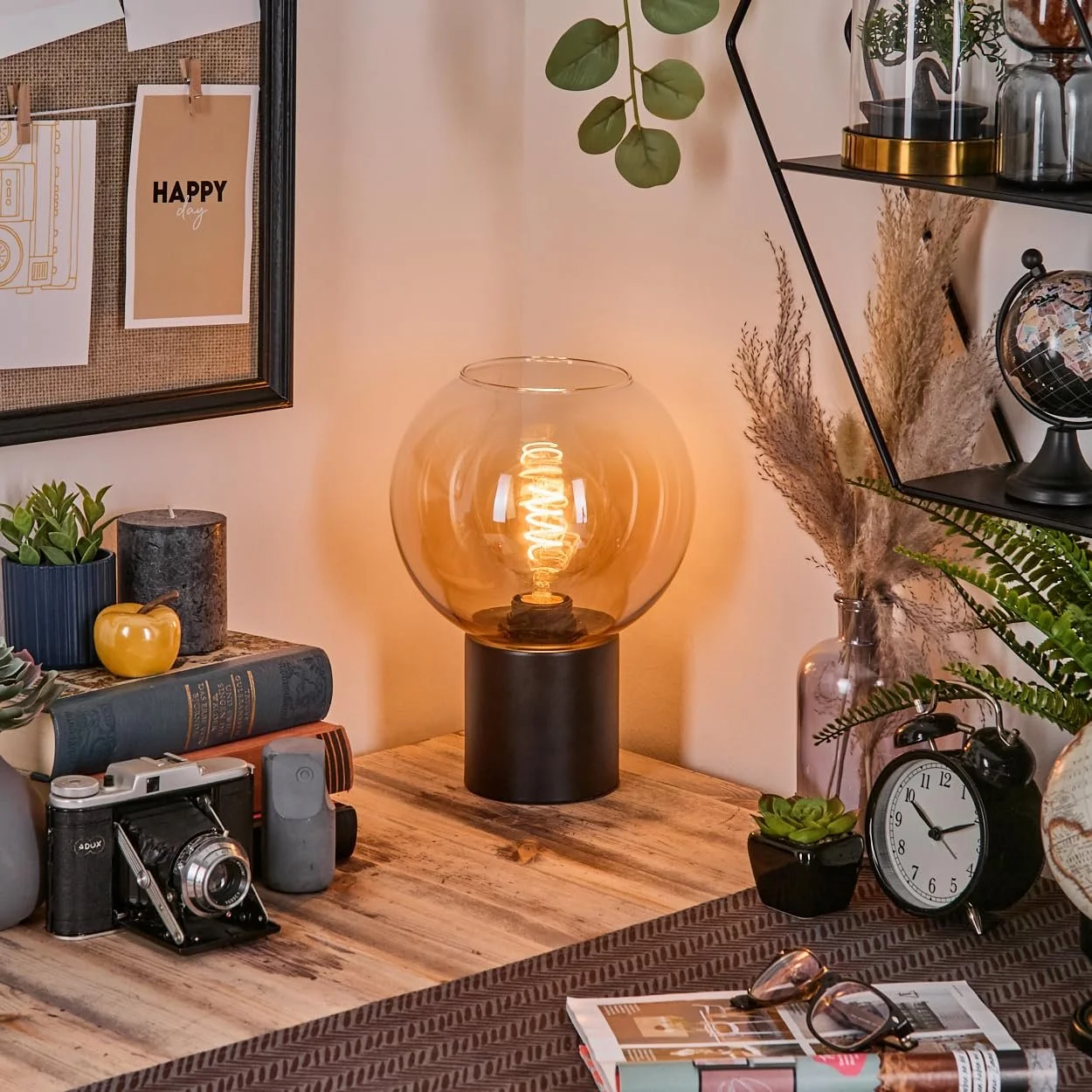 Настільна лампа HOFSTEIN Koyoto метал/скло Ø 20 см E27 Чорний/Бурштиновий/Прозорий, фото №8