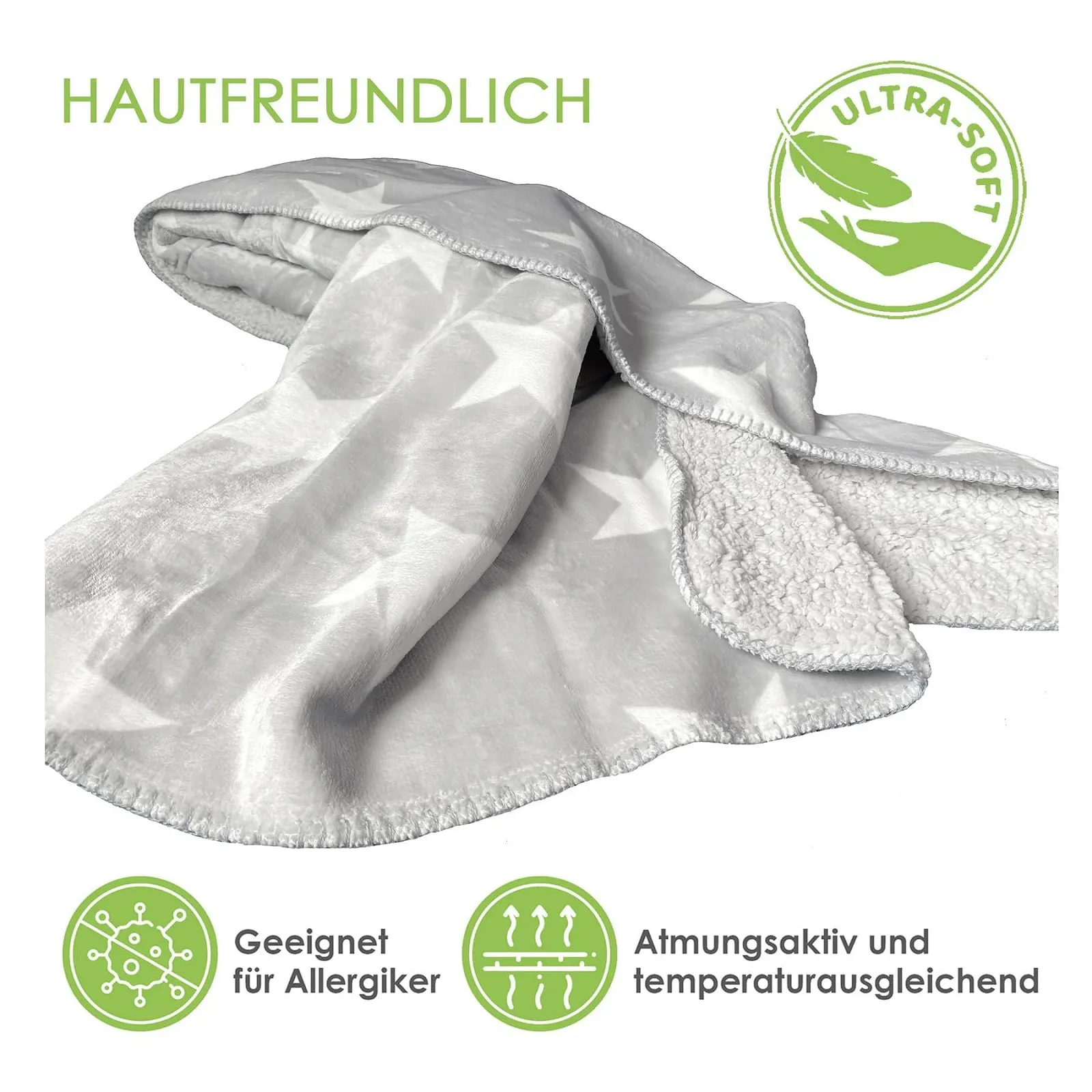 Одеяло heimtexland Мягкое фланелевое одеяло Sherpa со звездами Теплое 150 x 200 XL Зимнее одеяло Тип 855 Светло-серое, фото №3