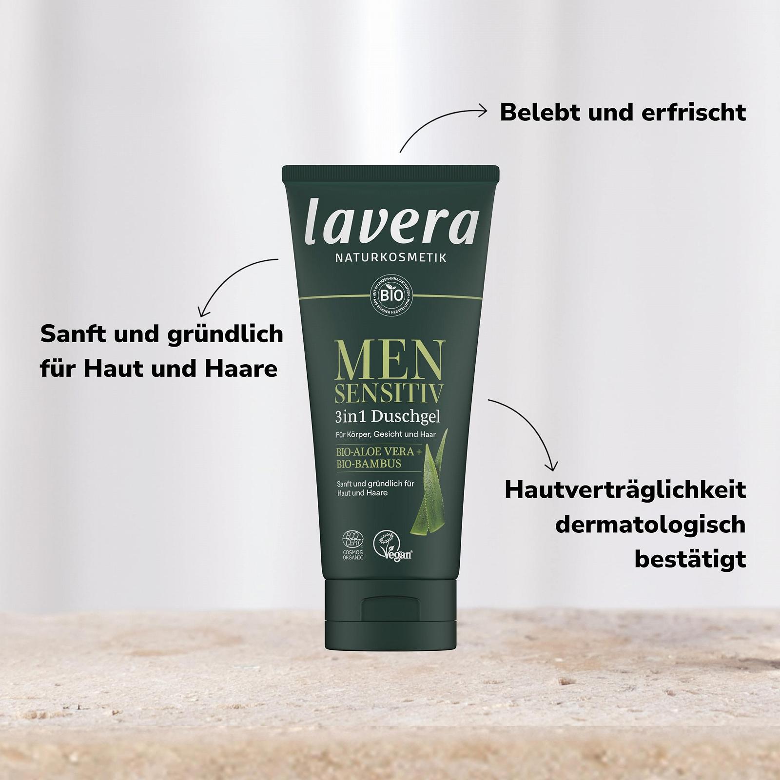 Гель для душа 3-в-1 lavera Men Sensitive с органическим бамбуком и алоэ вера 200 мл, фото №3