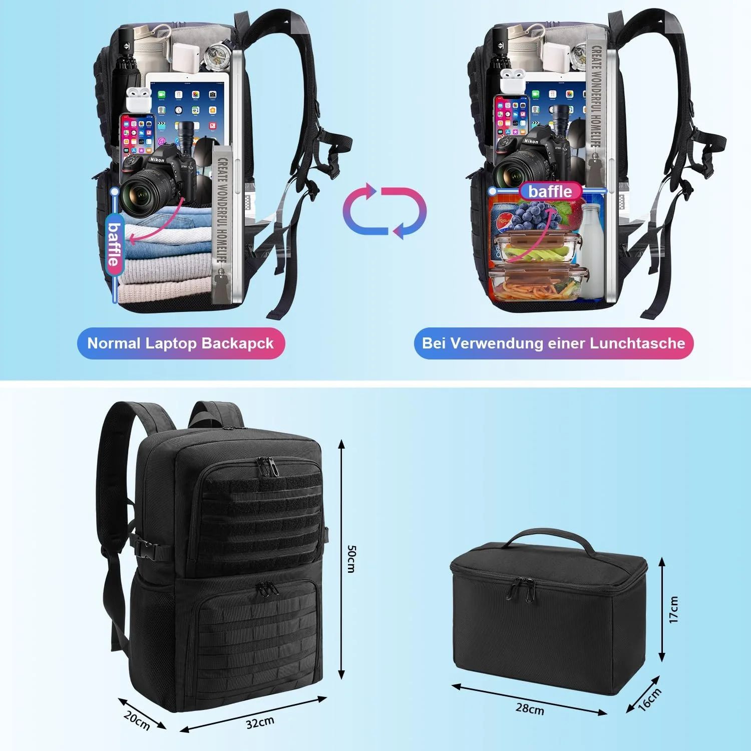 Рюкзак для ноутбука BERTASCHE 17.3 дюйма с сумкой-холодильником 2-в-1 Черный, фото №6