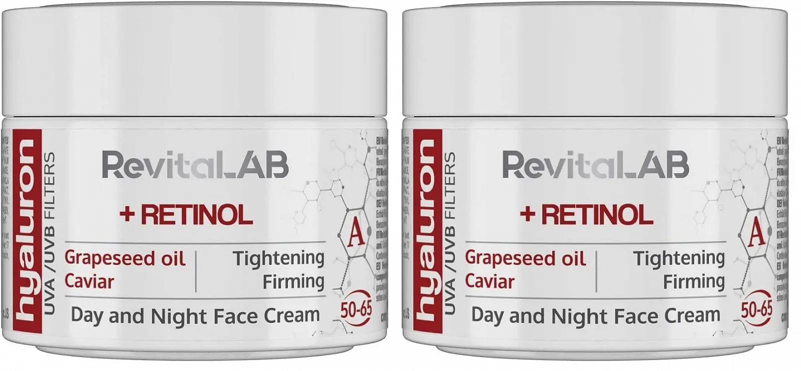 Денний та нічний крем RevitaLAB Hyaluron Anti-Ageing з Retinol, ікрою та червоним виноградом для віку 50–65 років 50 мл (2 шт. в упаковці), фото №1 Денний та нічний крем RevitaLAB Hyaluron Anti-Ageing з Retinol, ікрою та червоним виноградом для віку 50–65 років 50 мл (2 шт. в упаковці), фото №1