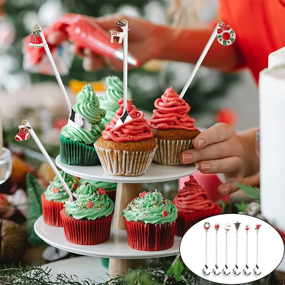 Ложки для кофе Рождественские, Набор 6 шт, Ложки для десерта, Ложки для смешивания, Чайные ложки, с Рождественским кулоном, Елка, Шляпа лося, Колокольчики для чая, Упаковка в подарочной коробке Серебряный, фото №4