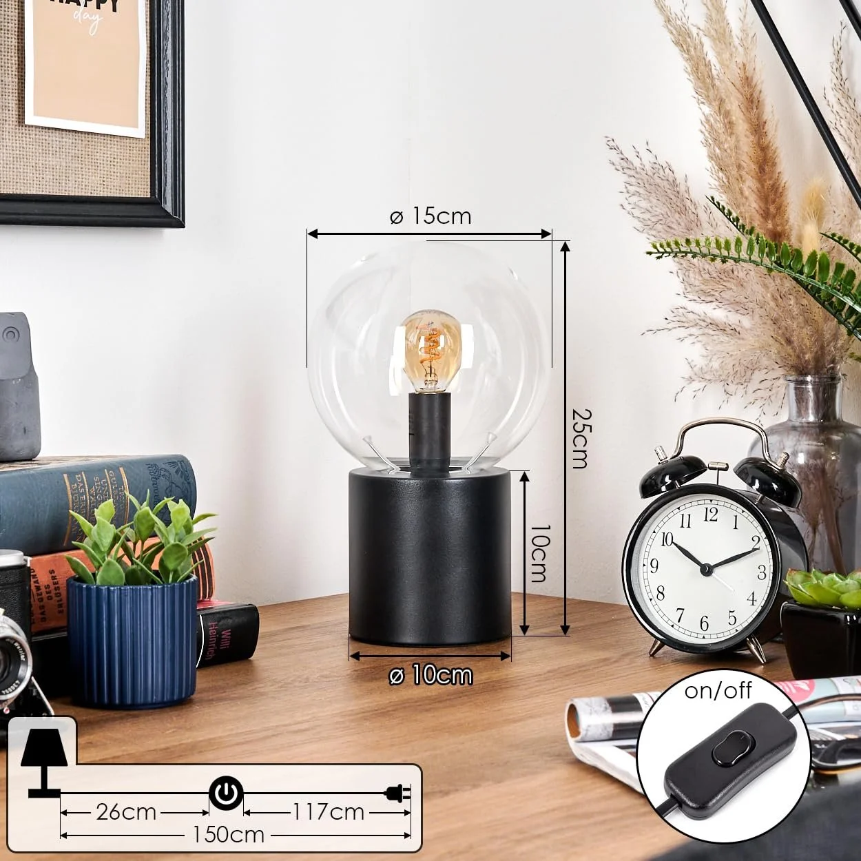 Настільна лампа HOFSTEIN Gastor Метал / Скло Сучасна Ретро/Вінтаж E14 Чорна/Прозора, фото №4