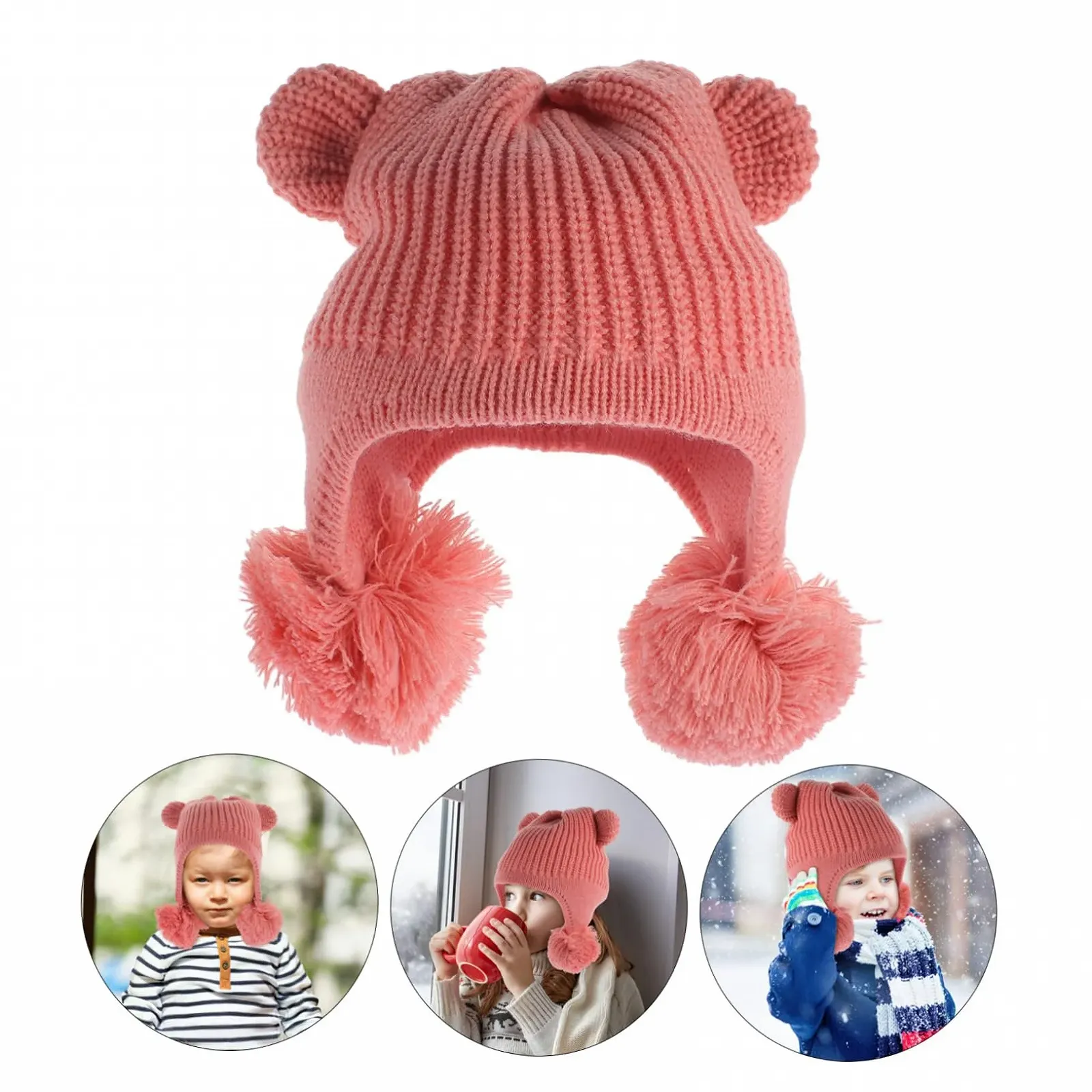 Вязаная шапка с мишкой HEMOTON для малышей для девочек, фото №3