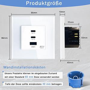 Розетка Schuko TAWOIA, 65 Вт, Type C та USB для швидкої зарядки телефонів, планшетів та ноутбуків, рамка з кришталевого скла, вбудована, USB C, біла, 86 x 86 мм synthetic.ua - Фото 1