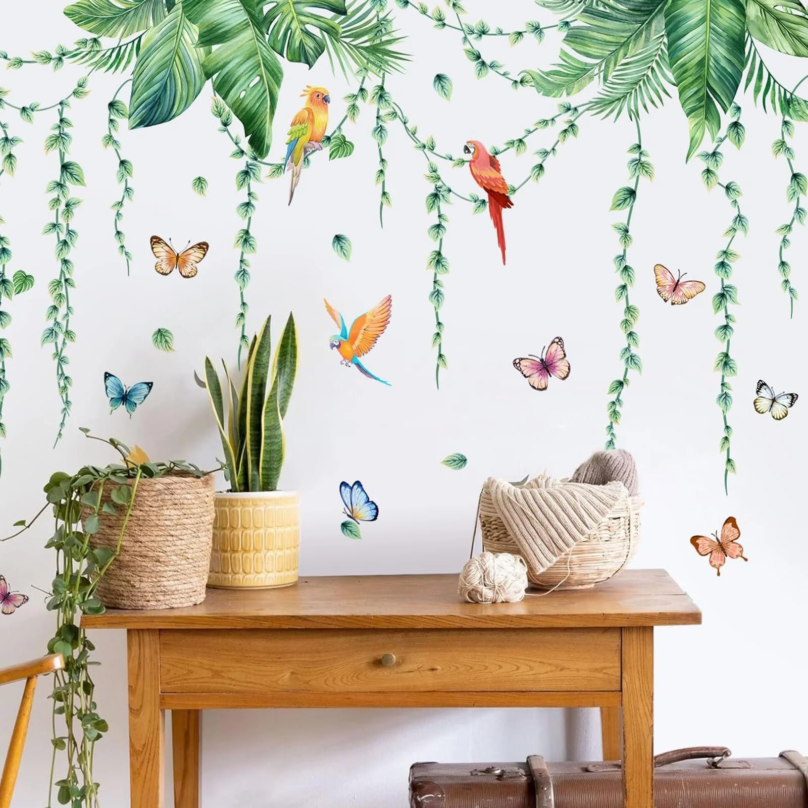 Наклейка на стіну Рослини Тропічне листя та птахи вінілова Зелена, фото №5