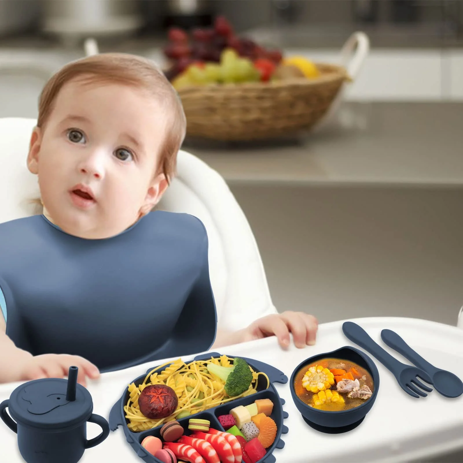 Набір дитячого посуду Delven із присоскою, силіконовий без BPA, 8 предметів, дитяча тарілка з дитячою тарілкою, нагрудником, чашкою для пиття, мискою, дитячою ложкою, виделкою, дитячим столовим приладдям, фото №6 Набір дитячого посуду Delven із присоскою, силіконовий без BPA, 8 предметів, дитяча тарілка з дитячою тарілкою, нагрудником, чашкою для пиття, мискою, дитячою ложкою, виделкою, дитячим столовим приладдям, фото №6