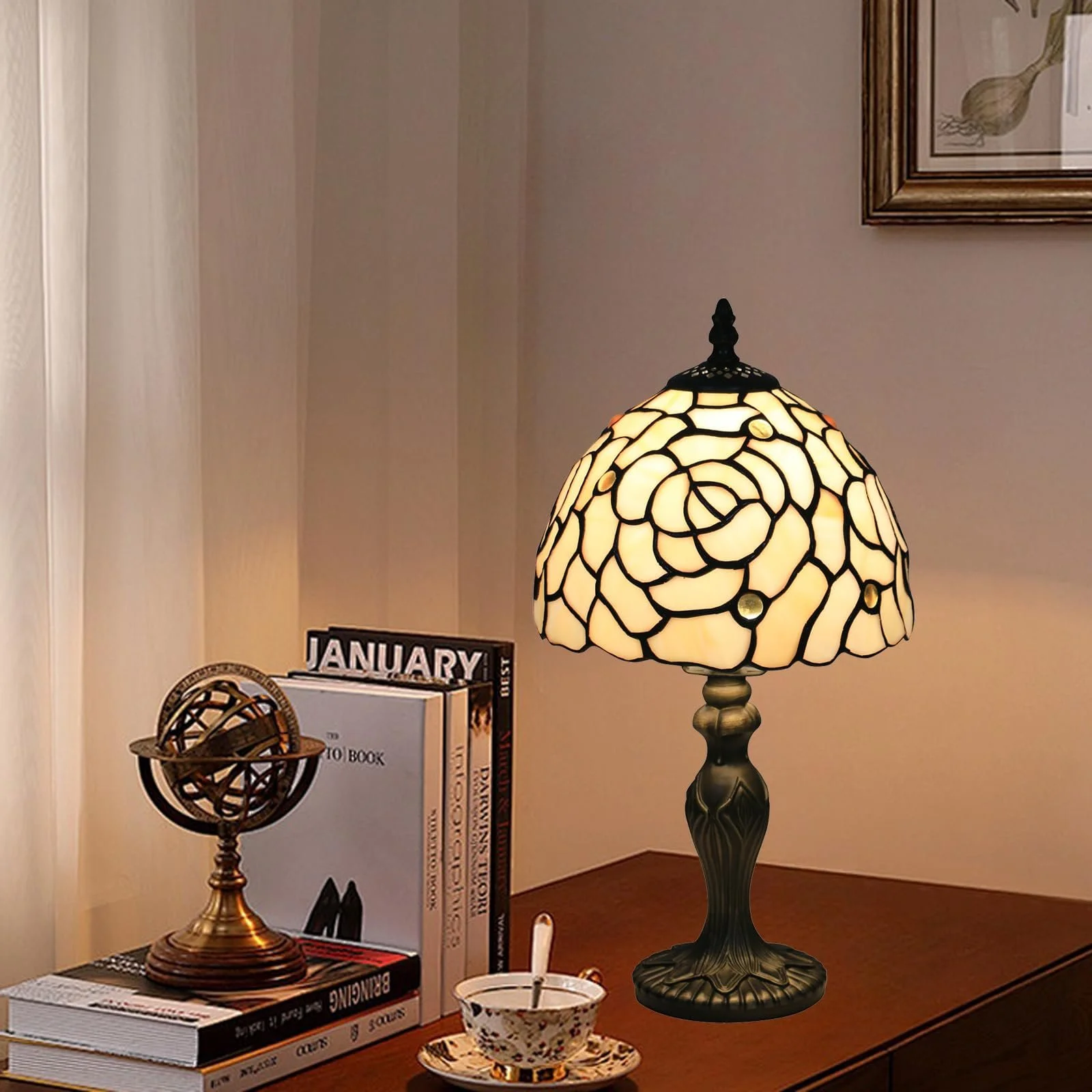 Настільна лампа Tiffany Ретро Вінтажна Візерунок Золота Троянда Вітражне скло LED, фото №4