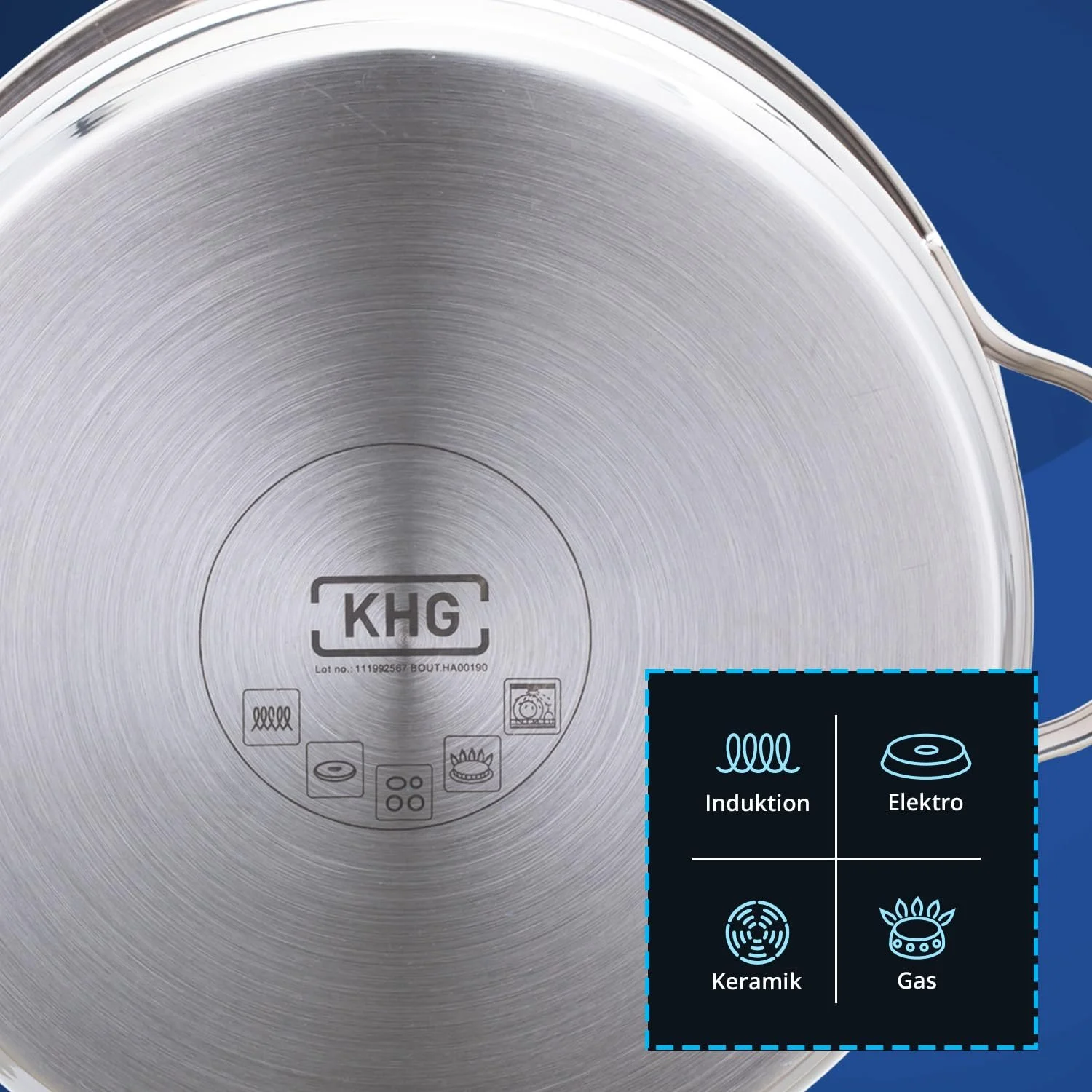 Каструля KHG XXL 26 см, 10 літрів, індукційна, без покриття, нержавіюча сталь з скляною кришкою, висока, фото №7