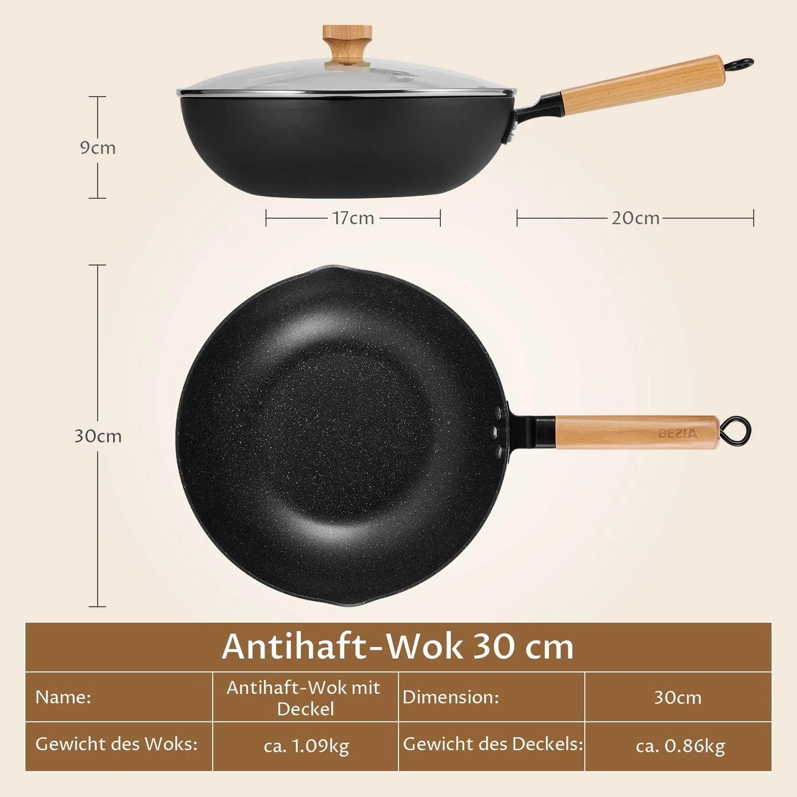 Сковорідка-вок індукційна BEZIA 30 см з кришкою, фото №8